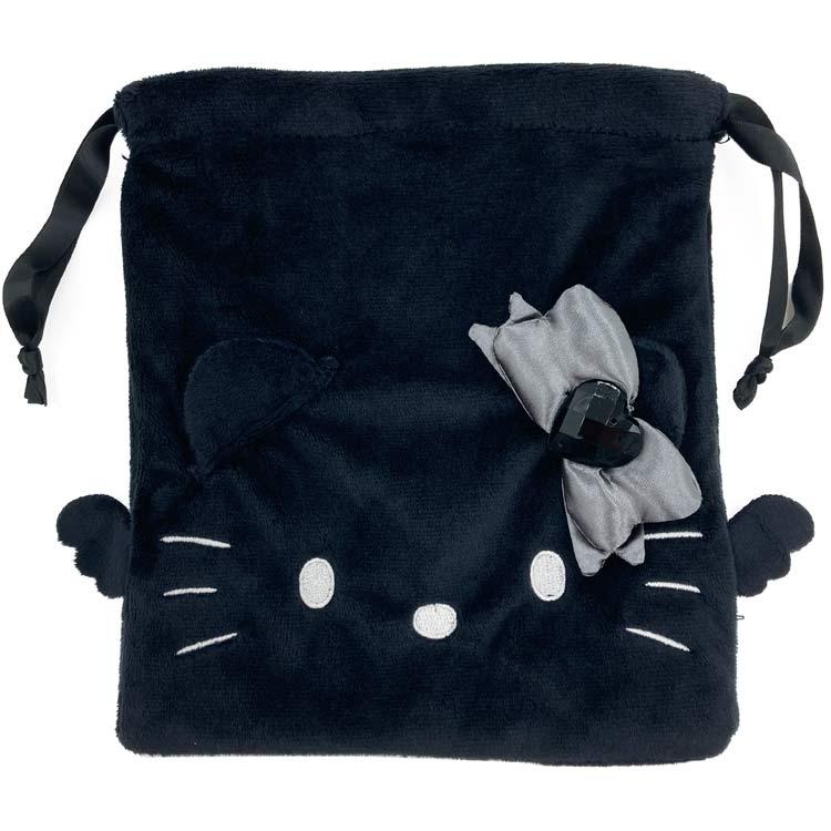 Sanrio Hello Kitty KT Face Drawstring Pouch – Black Angel (Black)