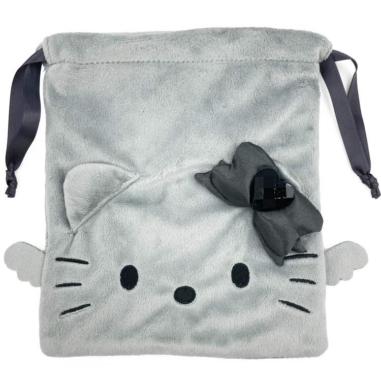 Sanrio Hello Kitty KT Face Drawstring Pouch – Black Angel (Grey)