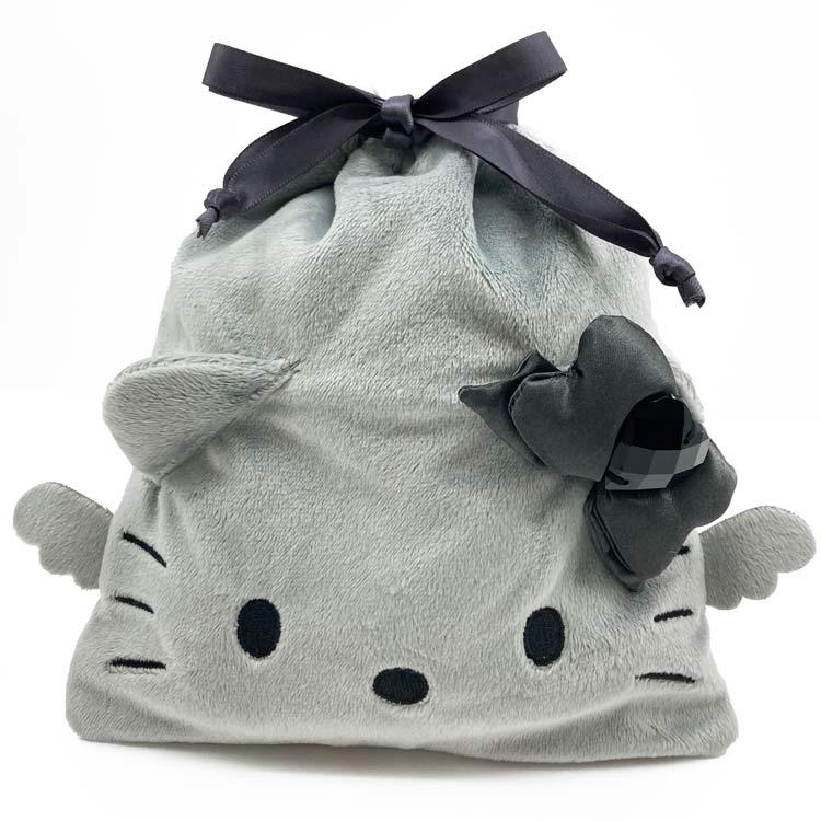 Sanrio Hello Kitty KT Face Drawstring Pouch – Black Angel (Grey)